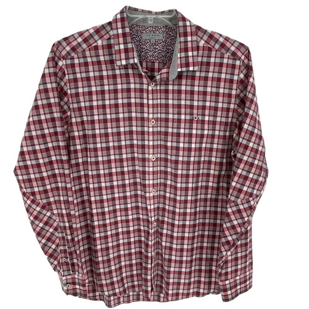Ted Baker Burgundy/Gray Plaid Check Button Up Business Casual Shirt  Size 5/ XL
